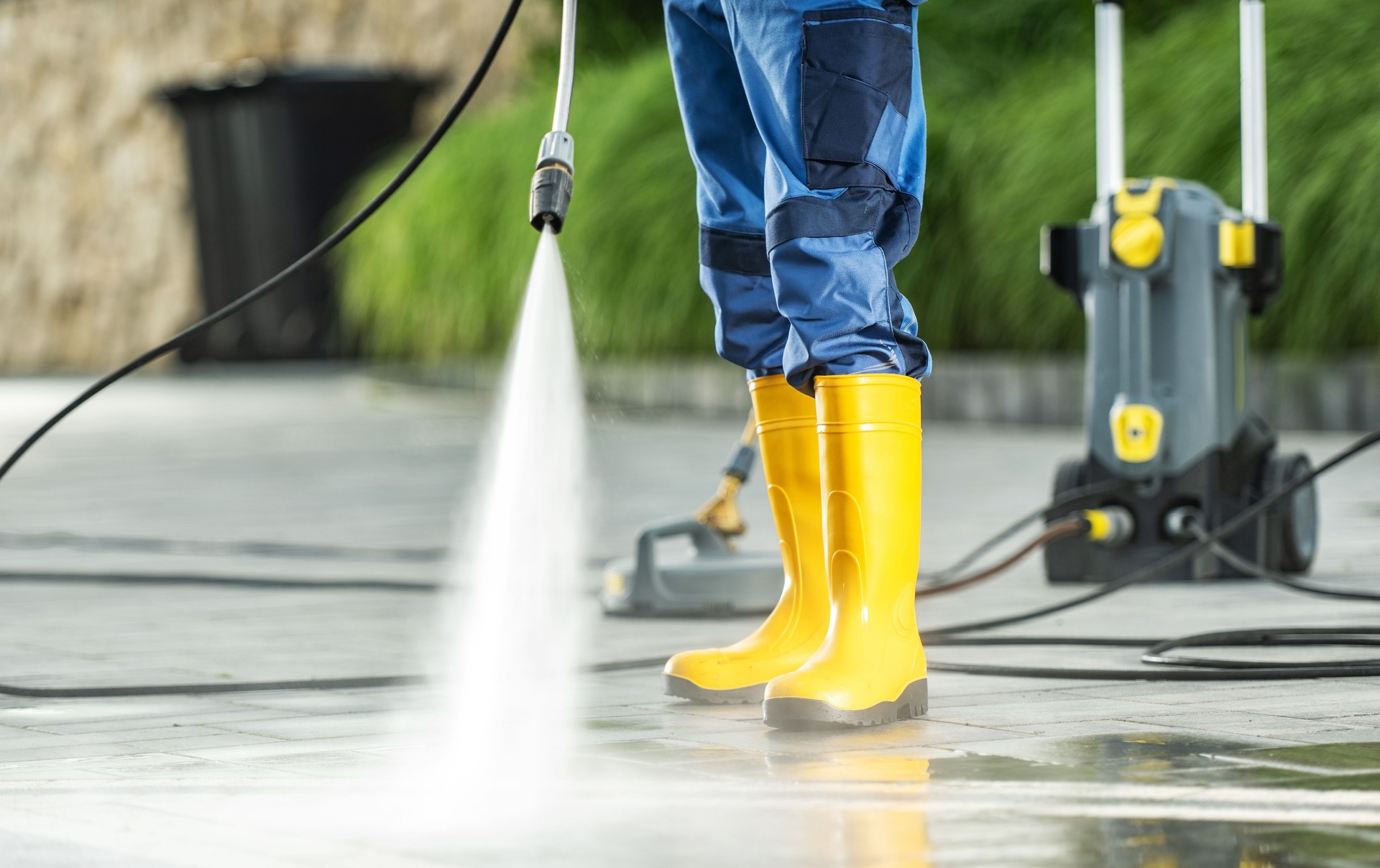 A Men Washing Residential Bricks Made Driveway and Paths Using Powerful Pressure Washer. Front Yard Maintenance Theme.